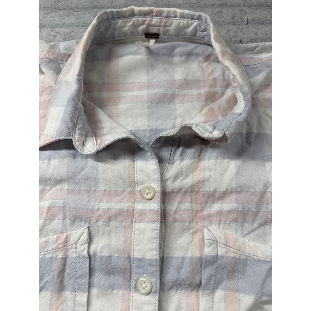 Free People Womens Medium Blue Pink Plaid Raw Hem Oversized Button Down Shirt